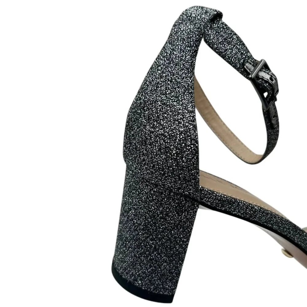 Pelle Moda Womens Monroe Sandal 8 Metallic Black Finished Block Heel Ankle Strap